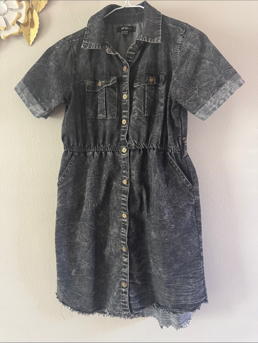 Girls' Washed Black Denim Shirt Dress with Button Front